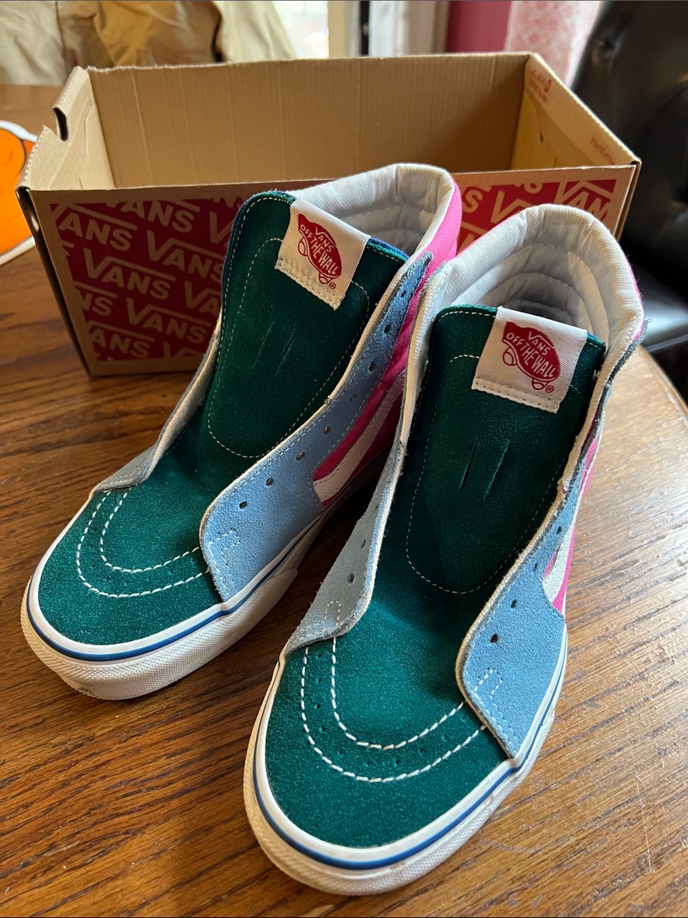 Vans High-Top Suede Sneakers in Teal, Light Blue & Pink